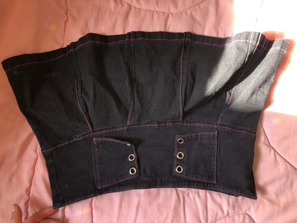 Morbid Threads Black Denim Skirt with Pink Contrast Stitching and Grommet Flaps